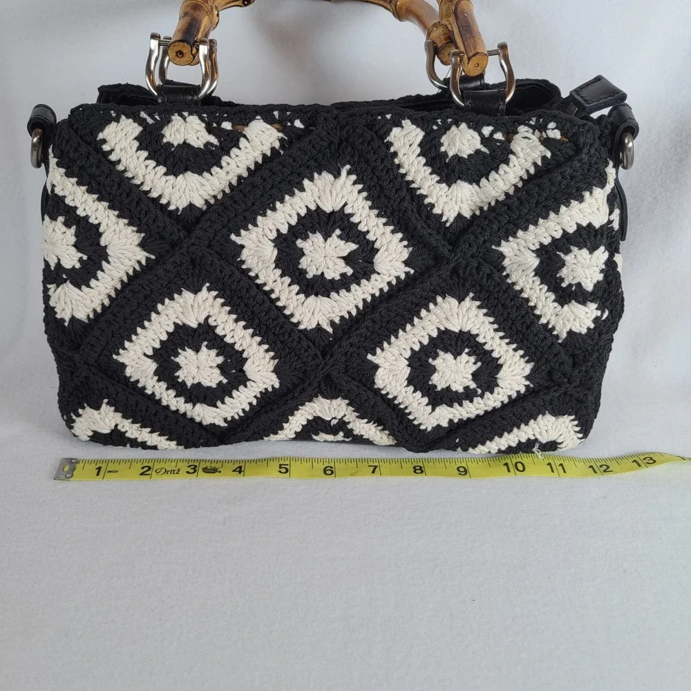 Patricia Nash Womens Crochet Satchel Empoli Diamond Bamboo Medium Handbag Black